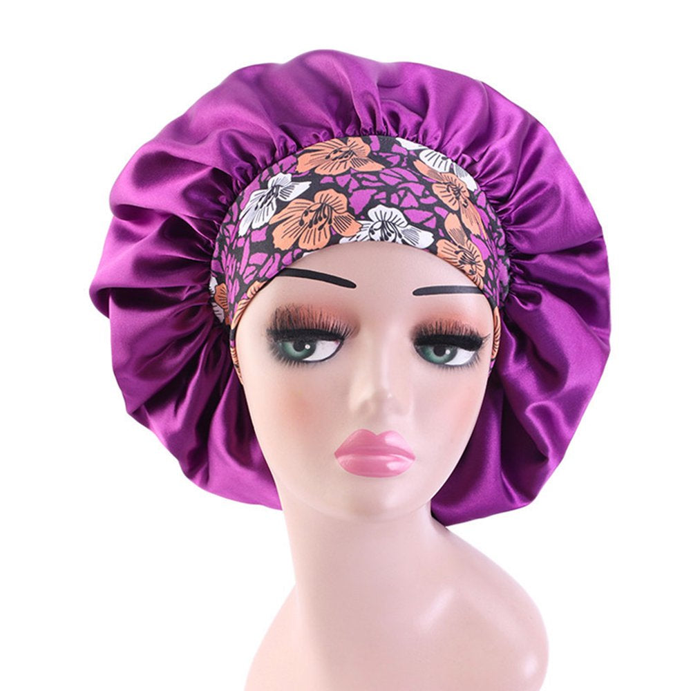 Satin Hair Bonnet 3 Pcs Elastic Wide Band Sleeping Soft Print Caps for Women Multicolor for Long Curly Natural Hair Big Capacity(Purple)