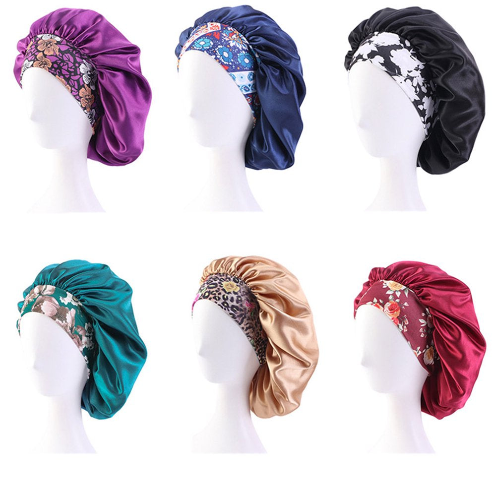 Satin Hair Bonnet 3 Pcs Elastic Wide Band Sleeping Soft Print Caps for Women Multicolor for Long Curly Natural Hair Big Capacity(Purple)