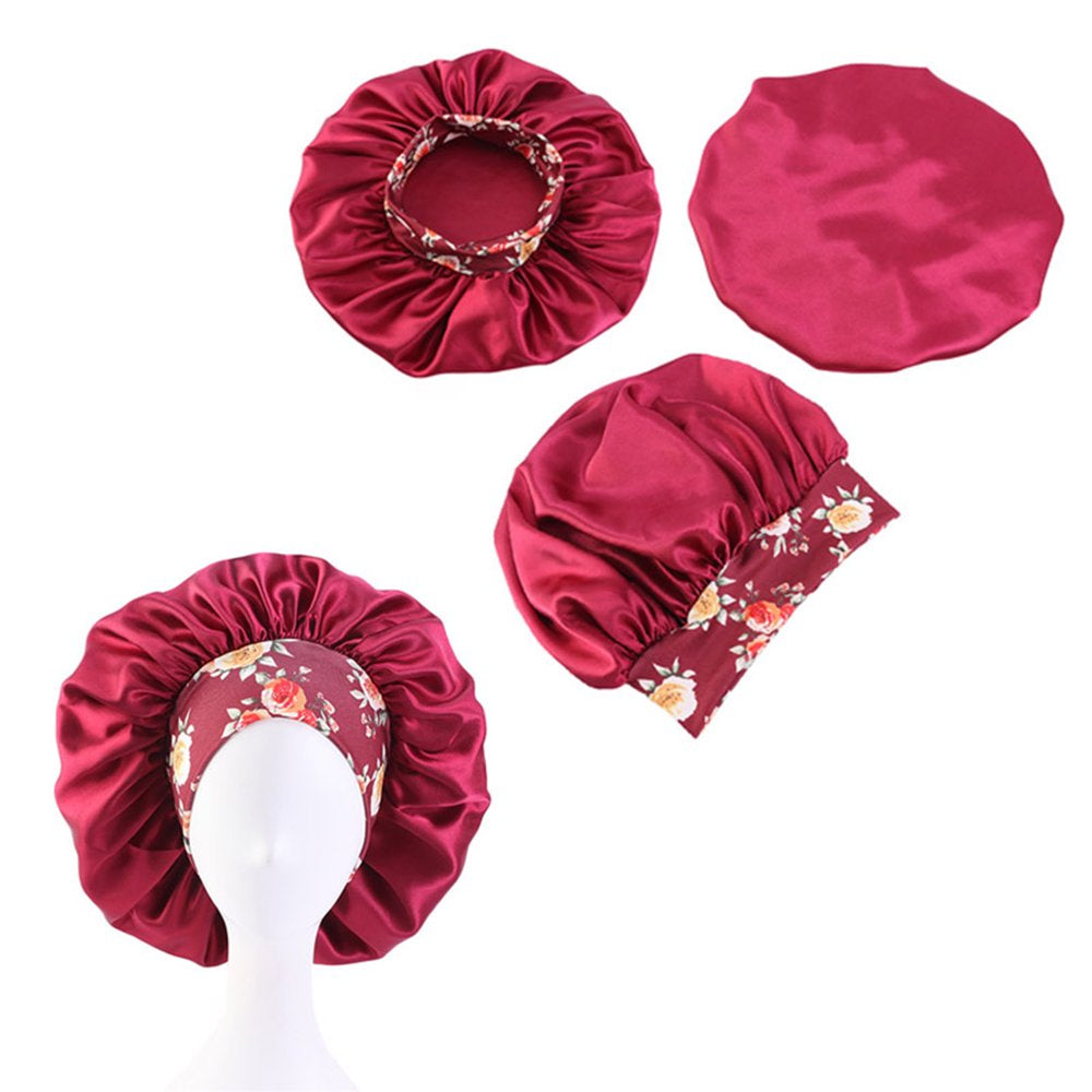 Satin Hair Bonnet 3 Pcs Elastic Wide Band Sleeping Soft Print Caps for Women Multicolor for Long Curly Natural Hair Big Capacity(Purple)